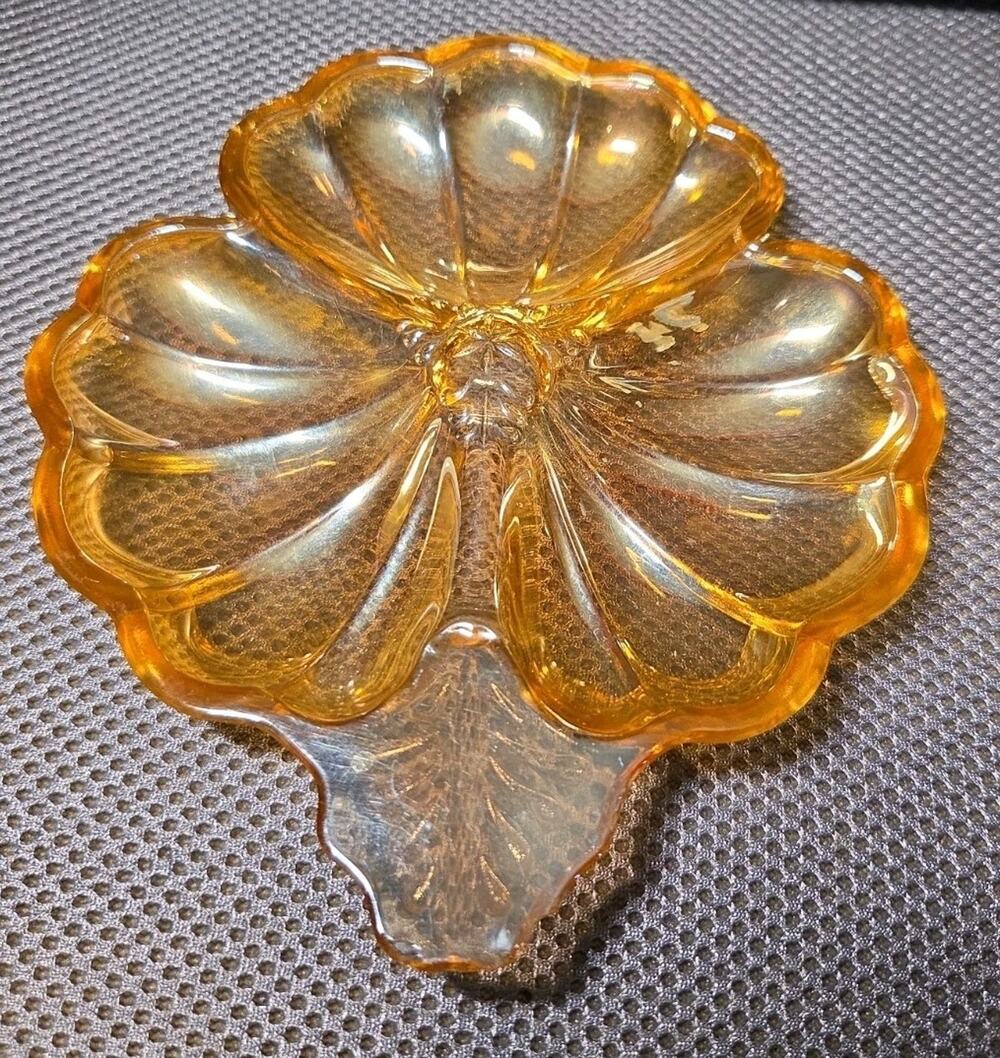 Jeannette Glass Marigold Iridescent Carnival Glass Doric Clover Leaf Candy Dish
